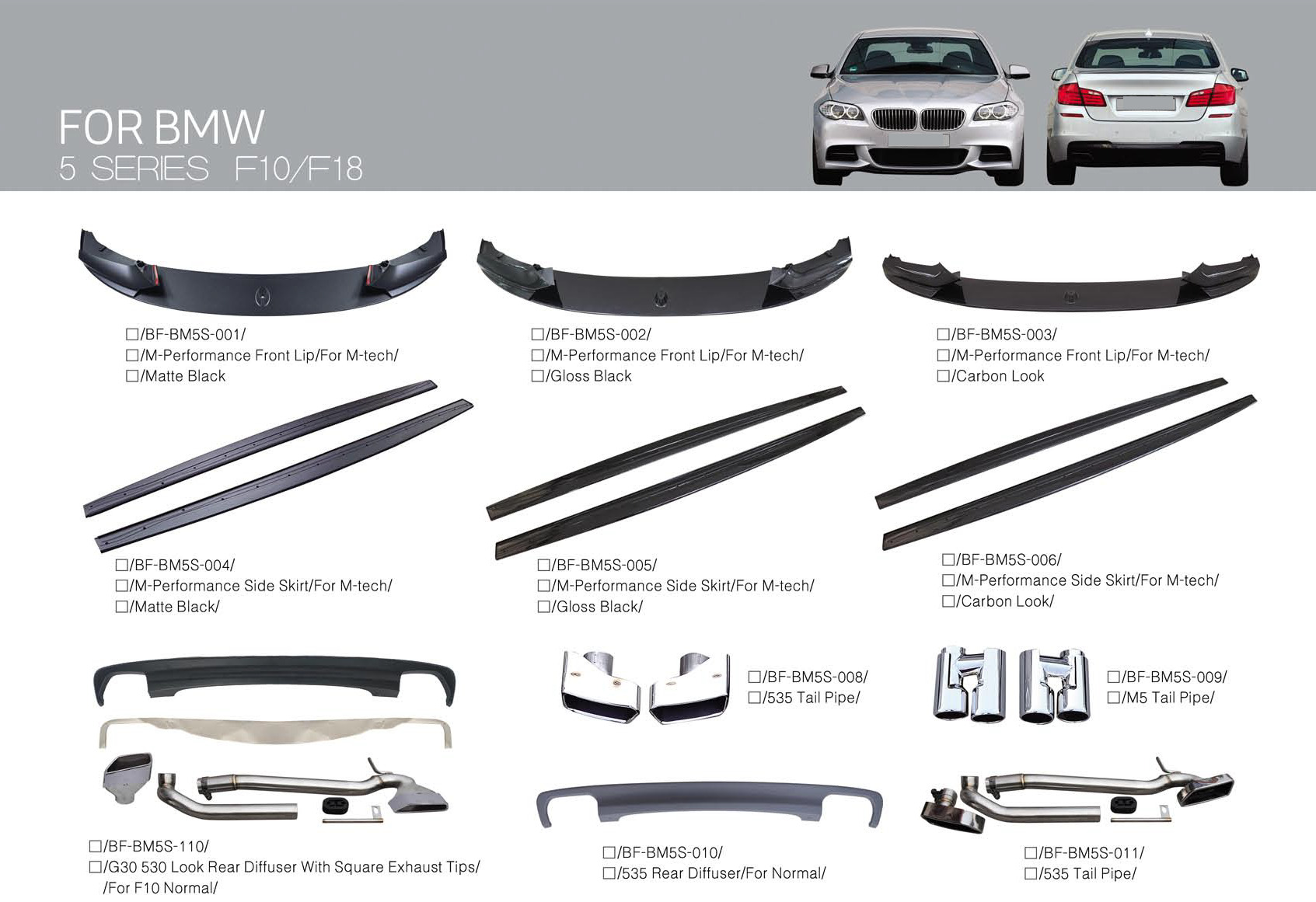 BMW 5 Series F10/F18, Side Skirt, Front Lip, Tail Pipe